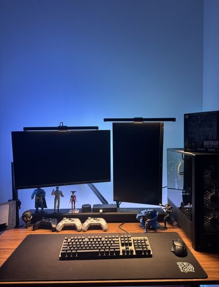 The finished dual-monitor workstation on the desk