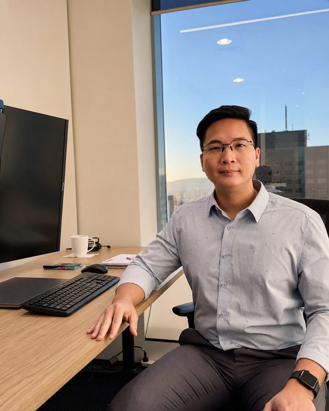 Daniel Tran at his desk at D&S Resources, dual monitors and the Adelaide city skyline behind him