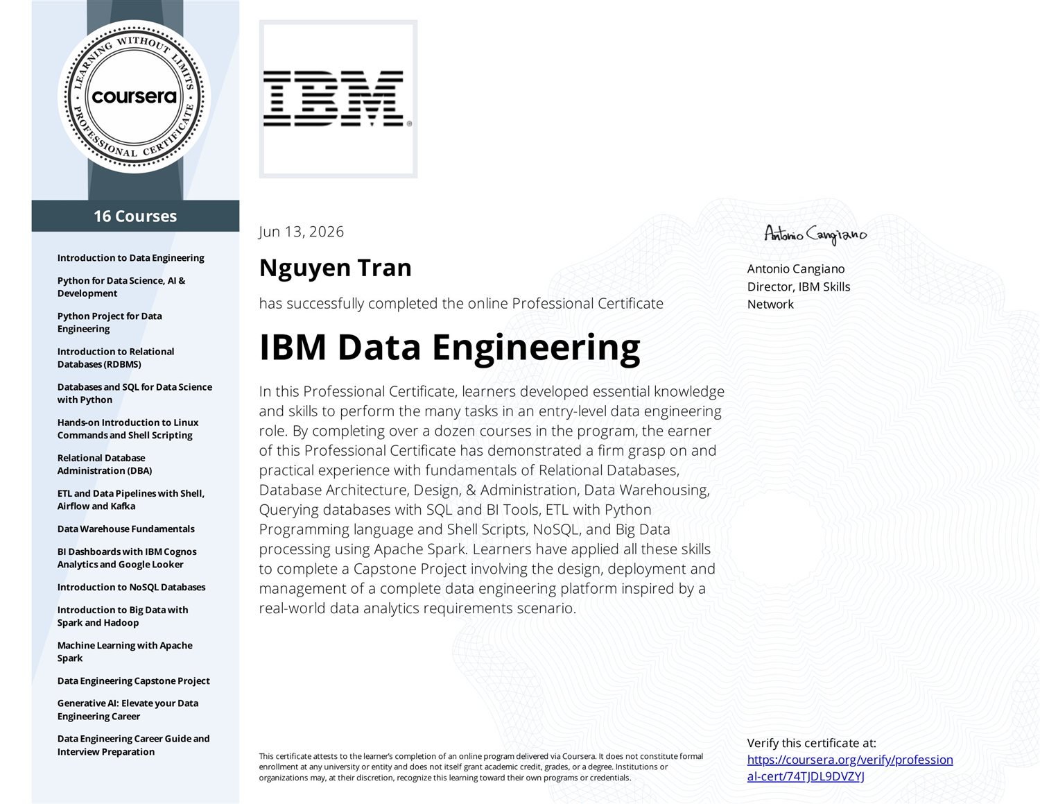 IBM Data Engineering Professional Certificate from Coursera, listing 16 completed courses