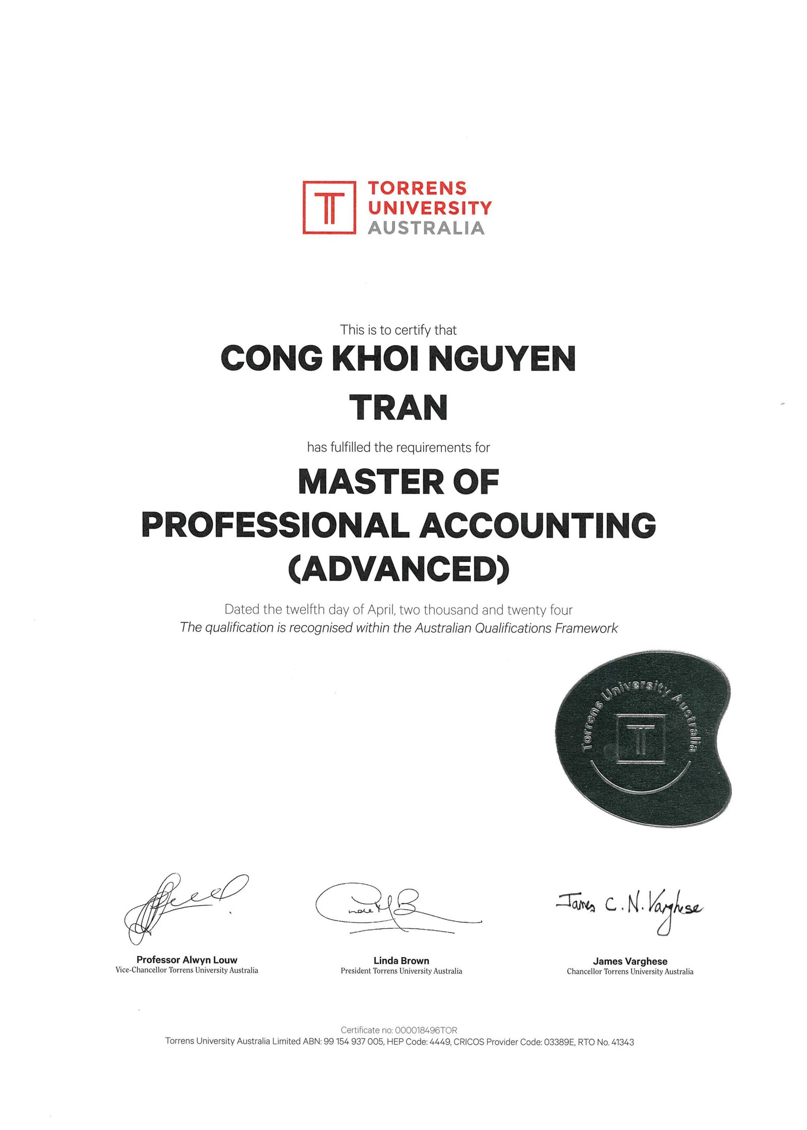 Master of Professional Accounting (Advanced) degree certificate, Torrens University Australia